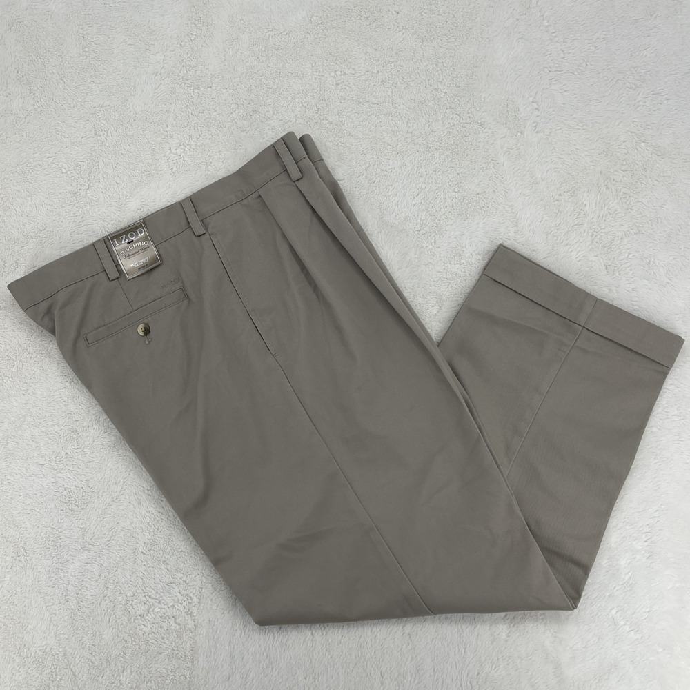 IZOD Slacks Saltwater Double Pleat Cuffed Cotton Chino Pants 38x30 Beige Khakis
